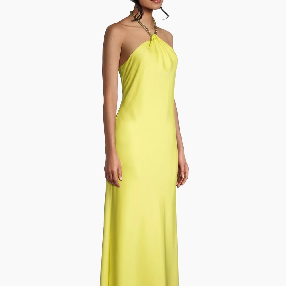 Liv Foster Yellow Satin with Gold Chain Halter Gown